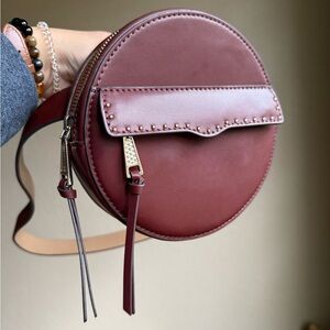 Rebecca Minkoff Lucy Leather Belt Waist Bag Round Burgundy Gold Studs Neutral
